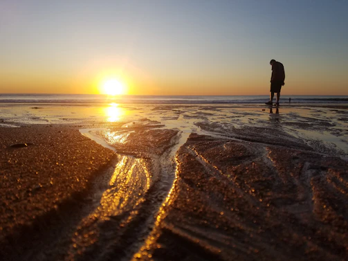 A serene beach scene during golden hour with a male influencer standing on the shore.