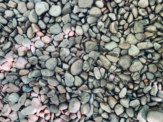 Close-up of smooth white river stones arranged in a garden setting.