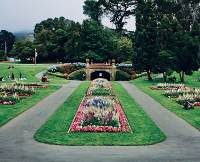 A serene park area with neatly arranged flower beds.