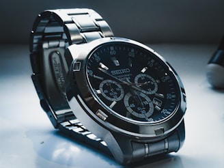 Side view of a personalized Seiko watch showing a detailed bezel and strap.