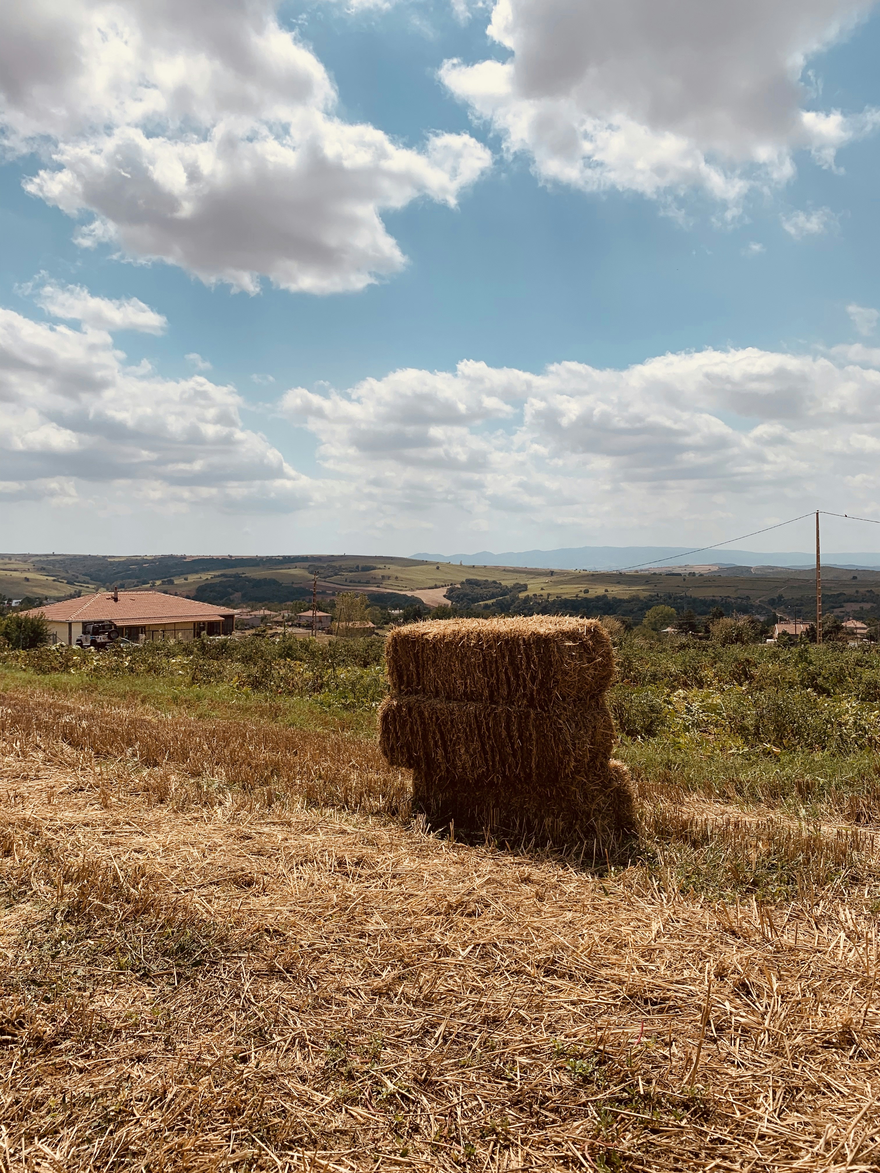 brown hays on brown grass field under blue and white cloudy sky during daytime