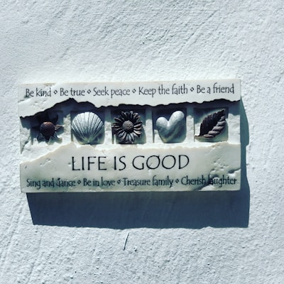 A decorative plaque on a wall contains various positive affirmations and symbols. The text encourages kindness, truth, peace, faith, and friendship. Below are icons of a turtle, shell, flower, heart, and leaf, followed by the phrase 'Life is Good'. Additional phrases promote dancing, love, family, and laughter.