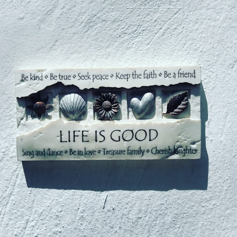 A decorative plaque on a wall contains various positive affirmations and symbols. The text encourages kindness, truth, peace, faith, and friendship. Below are icons of a turtle, shell, flower, heart, and leaf, followed by the phrase 'Life is Good'. Additional phrases promote dancing, love, family, and laughter.