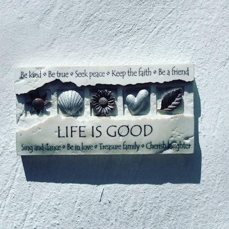 A decorative plaque on a wall contains various positive affirmations and symbols. The text encourages kindness, truth, peace, faith, and friendship. Below are icons of a turtle, shell, flower, heart, and leaf, followed by the phrase 'Life is Good'. Additional phrases promote dancing, love, family, and laughter.