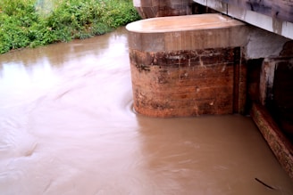 A concrete bridge support partially submerged in muddy, swirling water. Surrounding the structure, green foliage is visible on the riverbank.