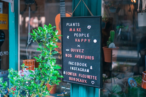 A storefront display features a black letter board with colorful letters spelling messages about plants, happiness, and social media handles. The board is surrounded by various plants, including a prominent cactus in a terracotta pot. The reflection of the street and other shop items are visible in the glass window.