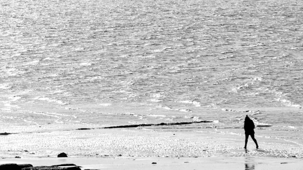A black-and-white frame capturing a solitary figure walking along a quiet beach at dawn.
