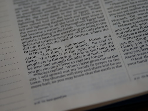 The image displays a close-up view of a page from a Bible. The text includes verses from Exodus, specifically mentioning Pharaoh, Moses, and Aaron. The layout includes columns with numbered verses and a decorative dotted border on the sides.