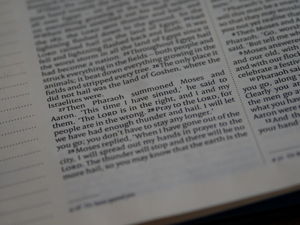 The image displays a close-up view of a page from a Bible. The text includes verses from Exodus, specifically mentioning Pharaoh, Moses, and Aaron. The layout includes columns with numbered verses and a decorative dotted border on the sides.