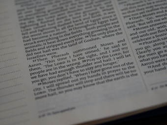 The image displays a close-up view of a page from a Bible. The text includes verses from Exodus, specifically mentioning Pharaoh, Moses, and Aaron. The layout includes columns with numbered verses and a decorative dotted border on the sides.