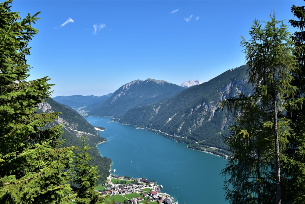 a scenic view of a lake surrounded by mountains