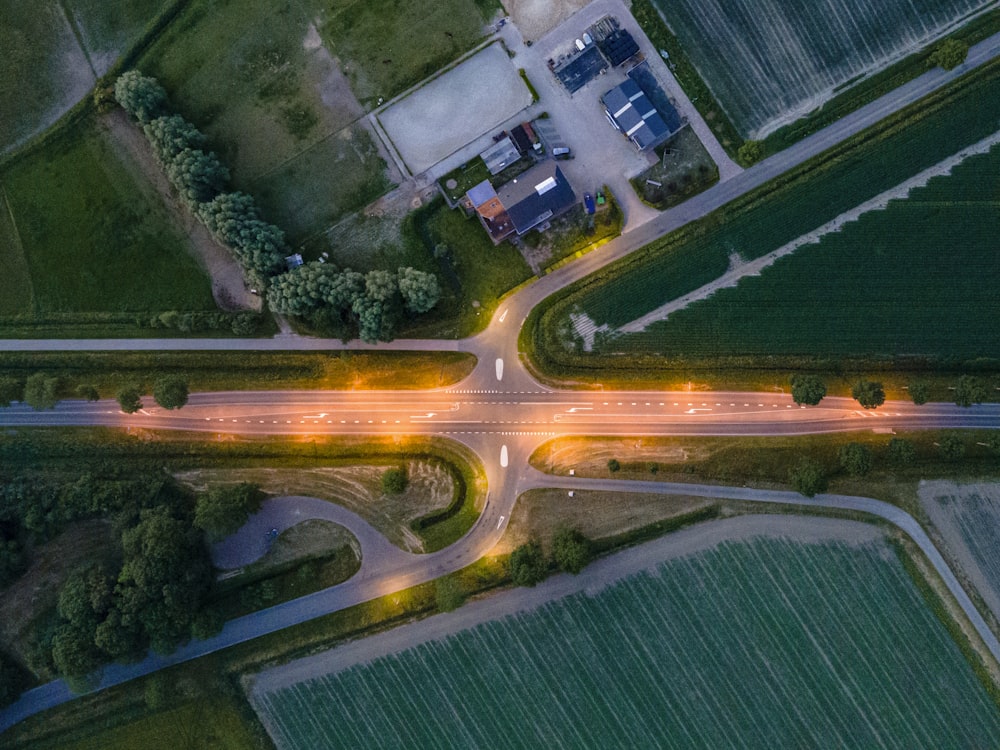 aerial view of road during night time