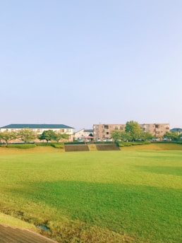 A serene residential plot with clear boundaries and lush greenery under a bright sky.