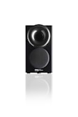 A sleek black speaker with a glossy, rounded top section and a fabric-covered lower section displaying the Stein Music logo. The speaker is reflected on the white surface it stands upon, adding a sense of elegance and modernity.