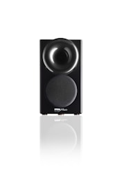 A sleek black speaker with a glossy, rounded top section and a fabric-covered lower section displaying the Stein Music logo. The speaker is reflected on the white surface it stands upon, adding a sense of elegance and modernity.