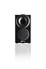 A sleek black speaker with a glossy, rounded top section and a fabric-covered lower section displaying the Stein Music logo. The speaker is reflected on the white surface it stands upon, adding a sense of elegance and modernity.