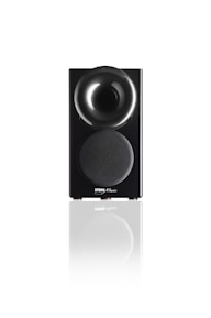 Elegant black speaker with golden accents highlighting its 80 mm driver.