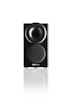 A sleek black speaker with a glossy, rounded top section and a fabric-covered lower section displaying the Stein Music logo. The speaker is reflected on the white surface it stands upon, adding a sense of elegance and modernity.