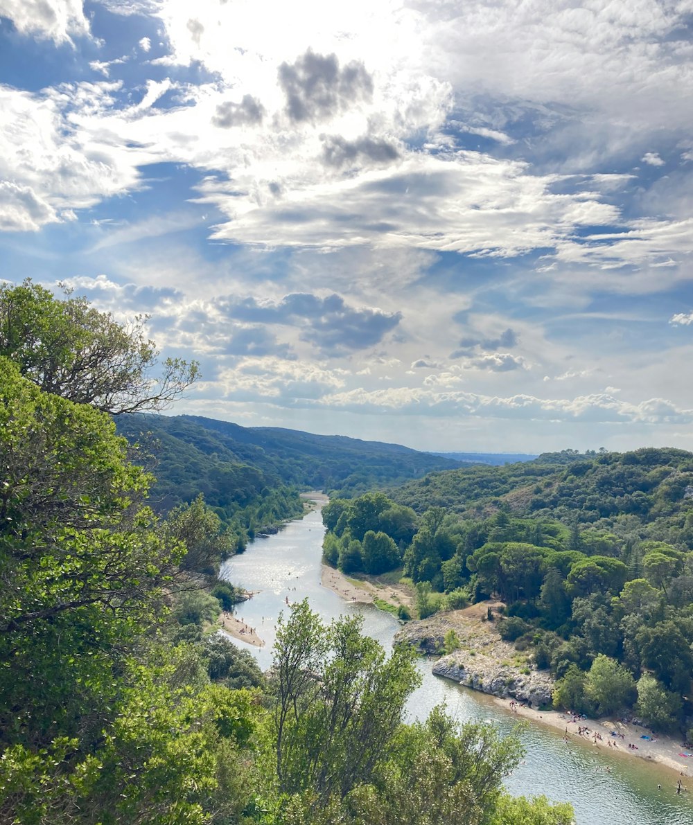 green trees and river under white clouds and blue sky during daytime