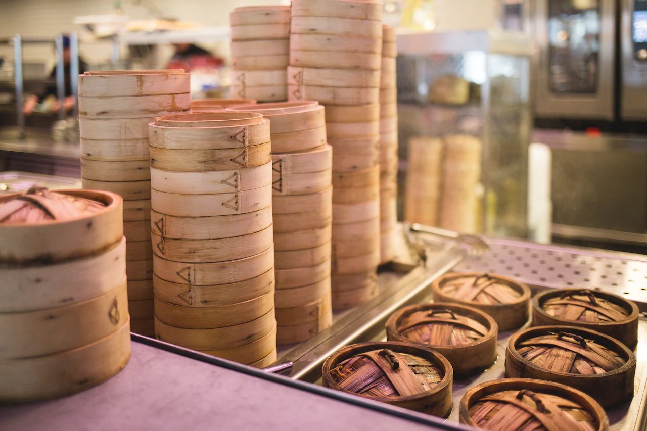 Stacks of bamboo steamers at a tea house