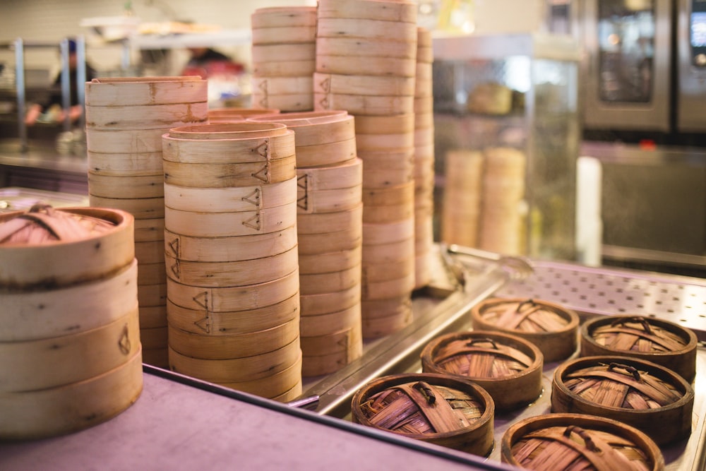 brown wooden barrels on table