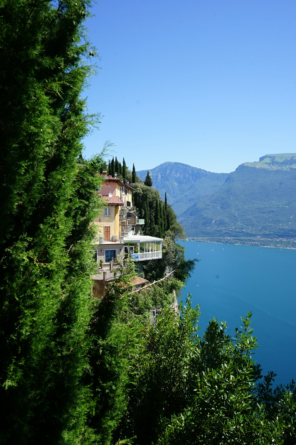 white and brown concrete building near green trees and body of water during daytime