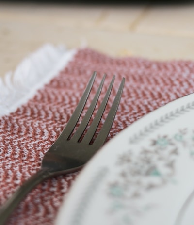 stainless steel fork on white and blue floral ceramic plate