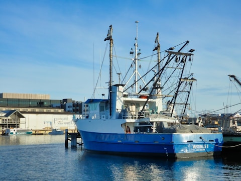 A blue and white fishing boat is docked at a harbor. The boat, named Australis II, is equipped with various antennas and fishing equipment. In the background, there are modern buildings and another boat, Explorer 2, docked at the wharf market. The sky is clear, and the scene is calm, with reflections on the water.