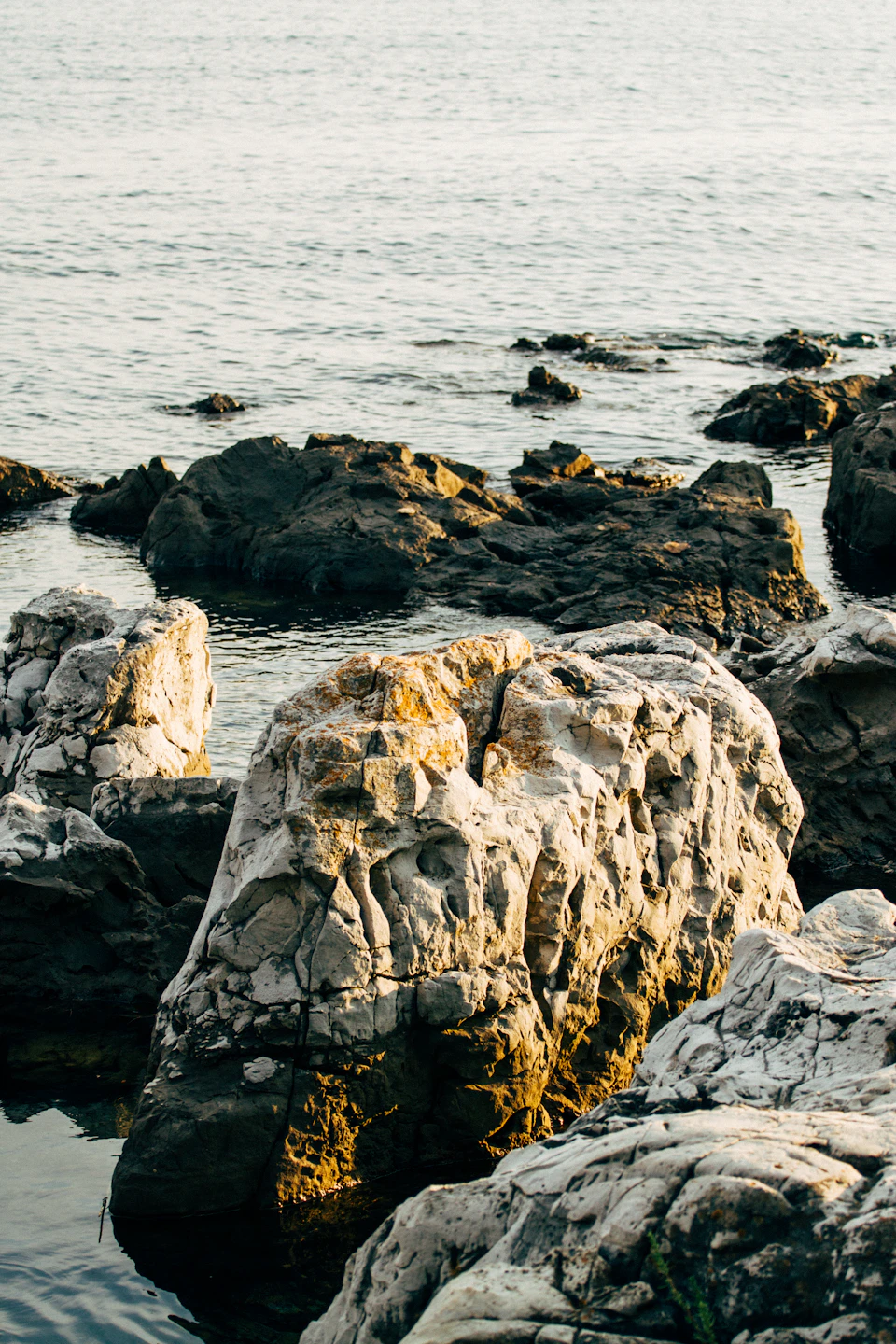 Rocky shoreline with jagged rocks scattered across the scene at ground level