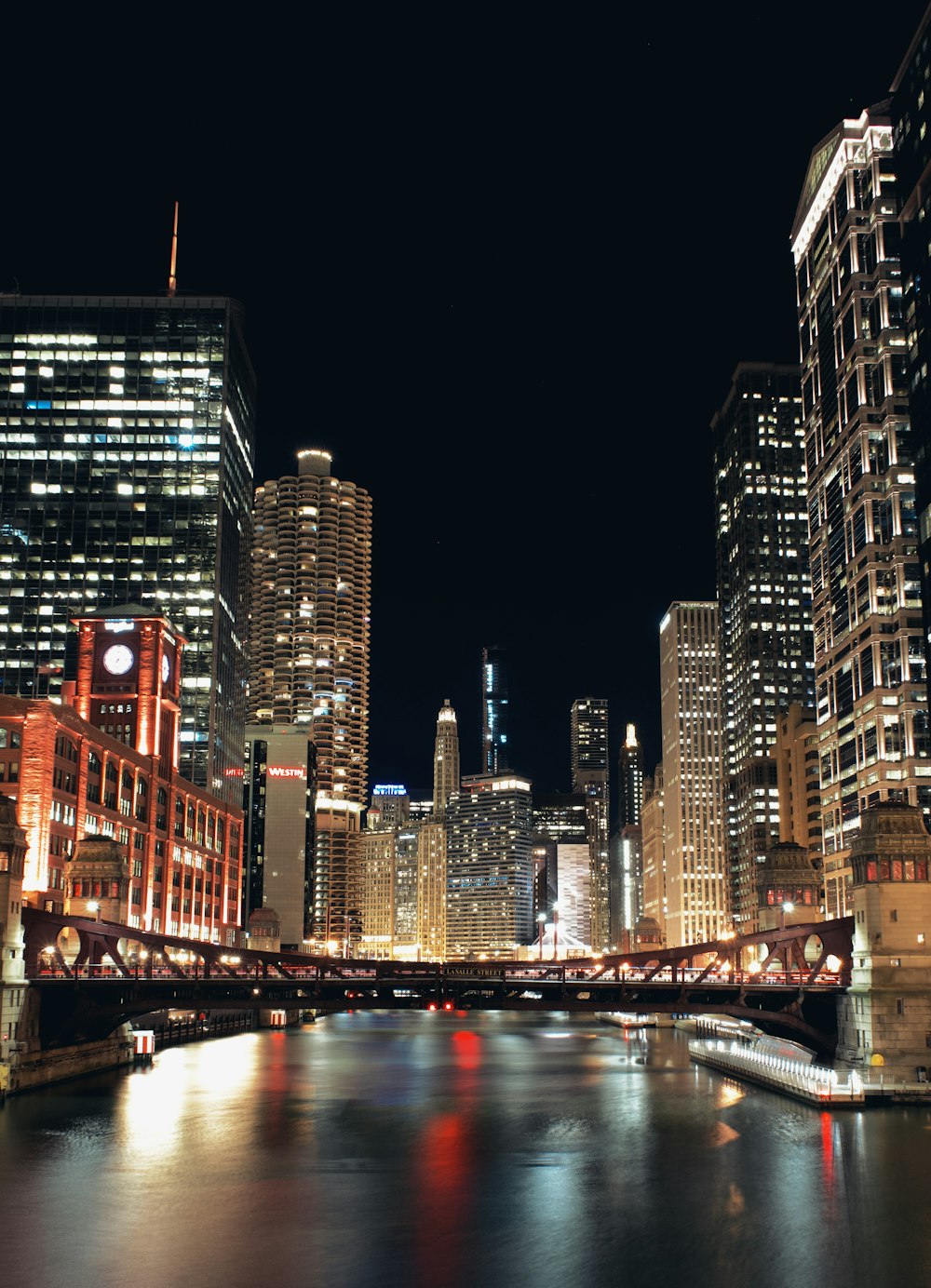 city skyline during night time