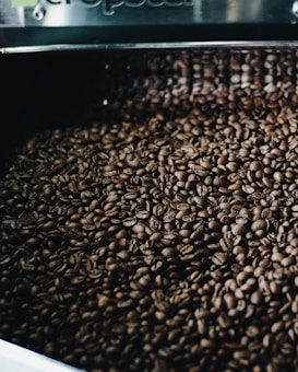 A large quantity of roasted coffee beans fills a metal container, with their rich brown tones and glossy surfaces catching the light.