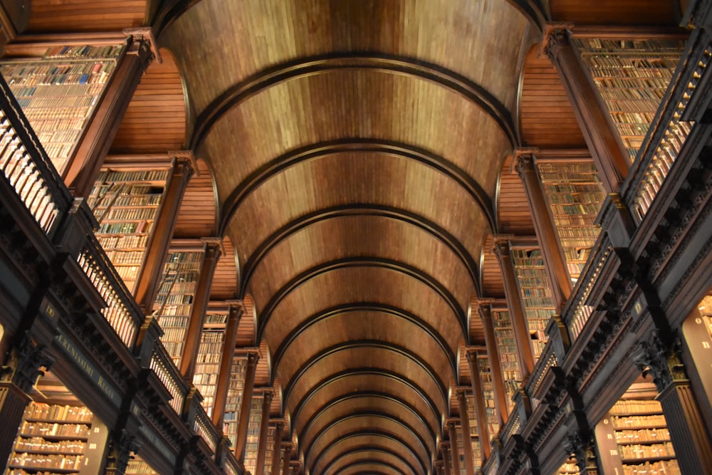 brown wooden shelves in library