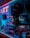A store display window features various accessories, including purses and handbags, under vibrant blue and pink neon lighting. The interior of the store is dimly lit, highlighting the colorful and artistic presentation of the products.