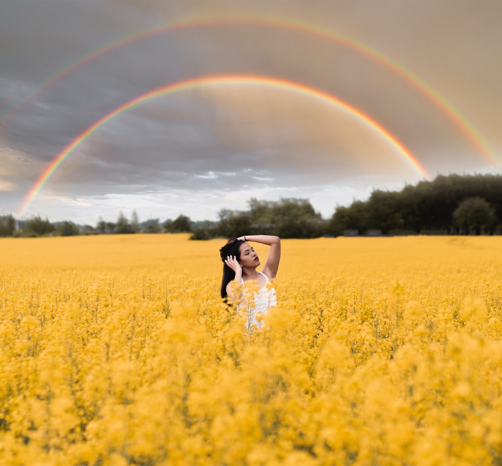 woman in white dress on yellow flower field under blue sky with rainbow during daytime