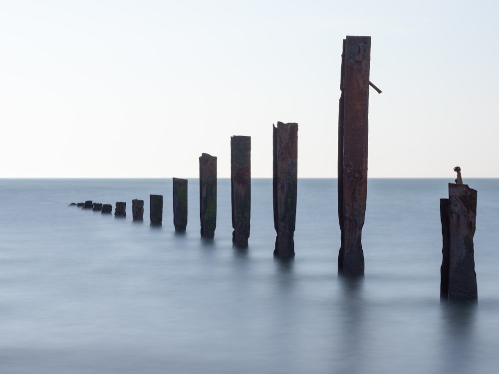 Poteaux en bois brun sur la mer