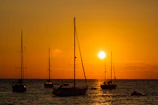 Golden sunset over a calm ocean horizon with silhouetted sailboats.