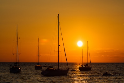 Sailboats glowing orange on Tampa Bay at sunset, viewed from the landing.