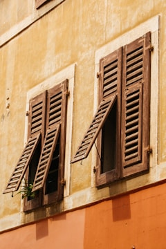 A rustic building facade features two old wooden shutters, slightly open, mounted on a weathered yellow and orange wall. A small plant peeks through one of the shutters, adding a touch of greenery to the aged surface.