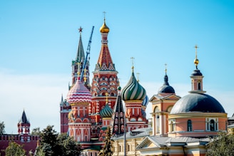 St. Basil's Cathedral in Moscow with vibrant domes, representing Russia's rich cultural backdrop 