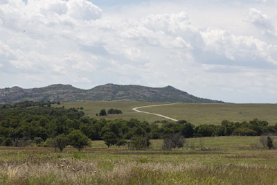 A serene countryside landscape with rolling green hills and a winding road perfect for a relaxed drive.