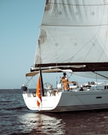A sailing yacht with large sails is navigating in the open sea. Two people are visible on the deck, engaged in operating the vessel. The back of the yacht displays an orange flag, and the waters around the boat are calm under a clear blue sky.