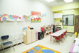 An inspiring classroom environment with creative artwork.