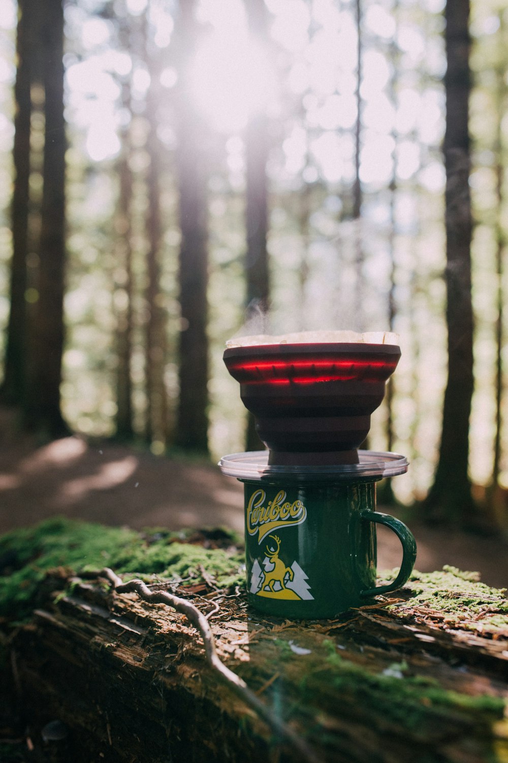 red and green ceramic mug on brown wooden log