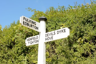 A white directional signpost stands against a backdrop of dense green foliage under a clear blue sky. The sign features names of various locations including Fulking, Edburton, Henfield, Poynton, Devils Dyke, and Hove.