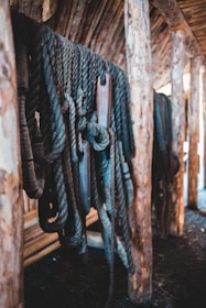 A collection of ropes is hung on wooden pegs, under a rustic shelter made with logs. The setting appears to be outdoors, with a natural, earthy ambiance created by the wood and rope textures. The lighting highlights the coarse texture of the ropes and the rough surface of the wood.