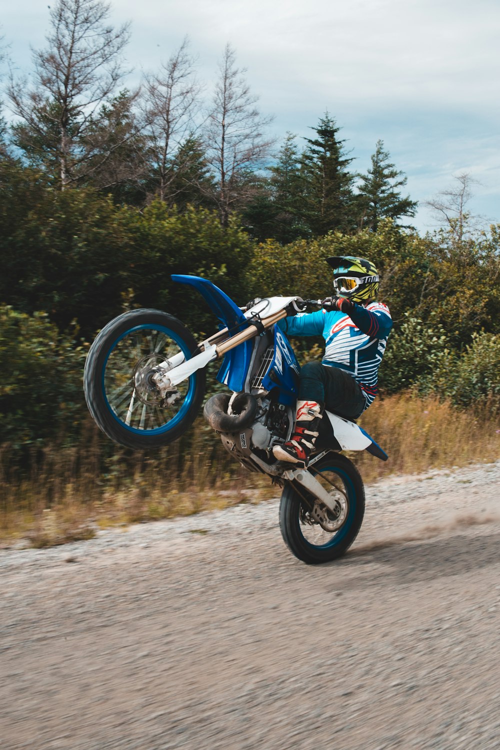 man in white and blue racing suit riding blue motocross dirt bike