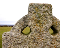 Close-up of a staurolite cross nestled among moss and pine needles in a forest setting.