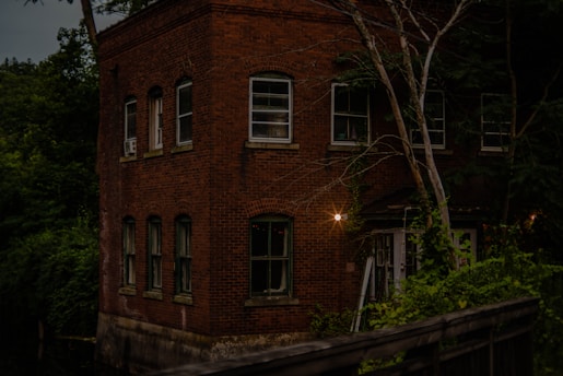 A brick building with multiple windows, partially obscured by surrounding trees and vegetation, is dimly lit by an exterior light. The atmosphere feels quiet and somewhat mysterious.