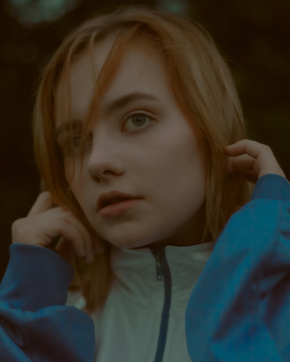 girl in blue hoodie jacket