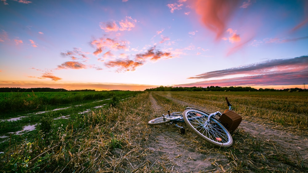 black mountain bike on green grass field during sunset